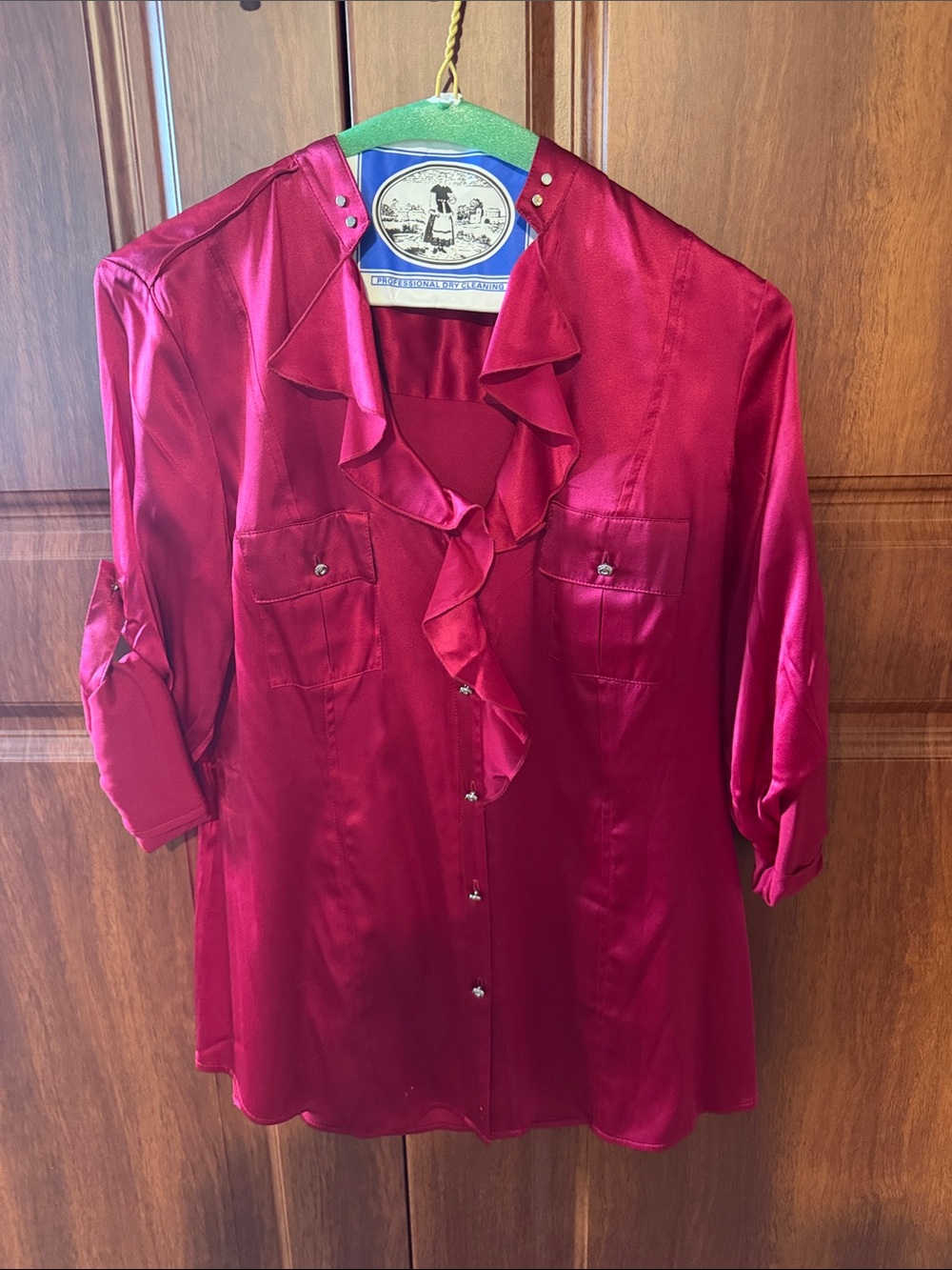 WHBM Ruffled Satin Button-Front Blouse - Deep Berry - Size 6